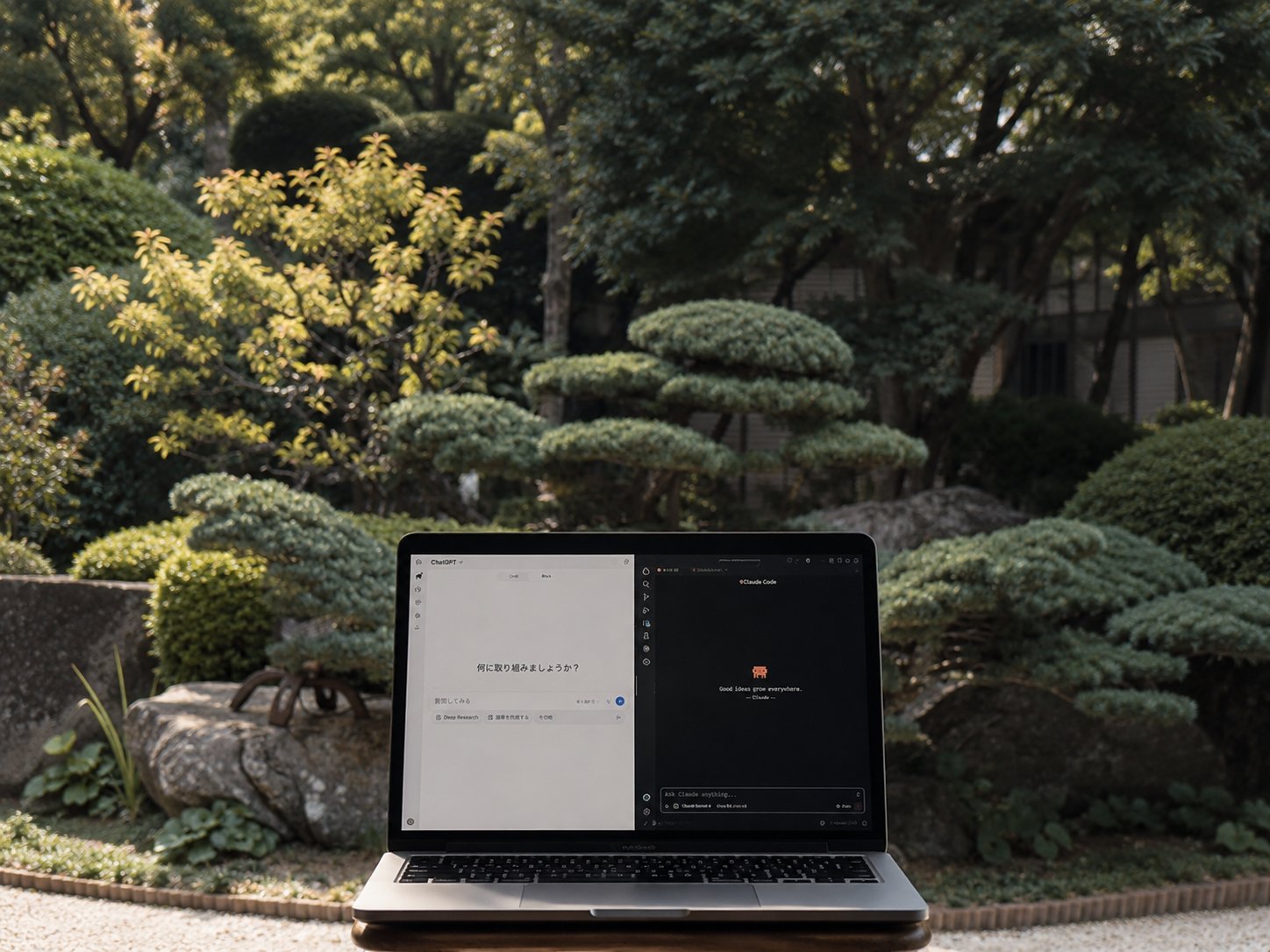 日本庭園の中でノートPCを開き、AIを活用する様子。